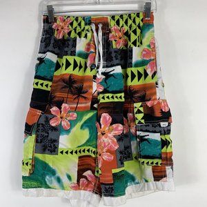 B. Split Board Shorts Men's Small Swim Trunks Mesh Lined Elastic Waist Tropical